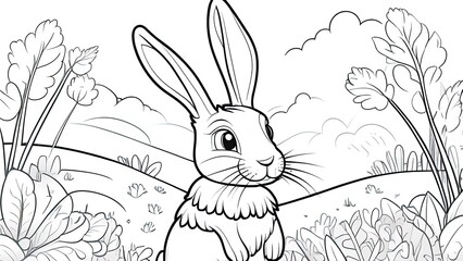 Rabbit coloring book. Creative coloring page design for adult and children. Black and white illustration.