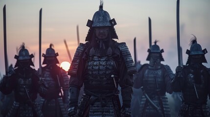 Samurai silhouette against a futuristic sunset