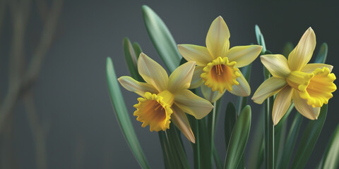 Fototapeta na wymiar Closeup of beautiful yellow daffodils. Springtime flower