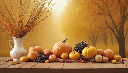 A tranquil still life featuring an array of pumpkins, berries, and wheat sheaves on a wooden table, evoking a cozy autumn atmosphere. - obrazy, fototapety, plakaty