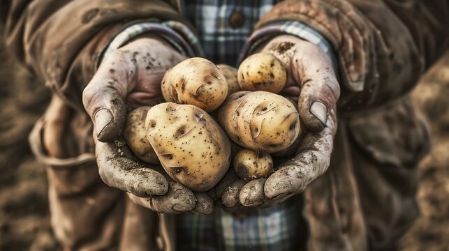 A pair of hands cradling a group of freshly harvested potatoes, still speckled with soil. Generated by artificial intelligence. 