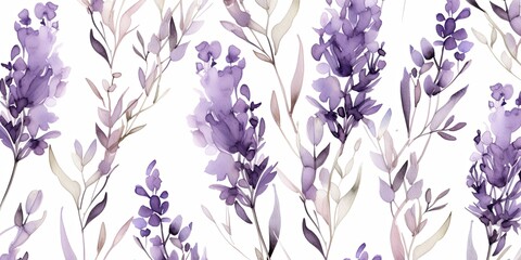 Lavender flower petals and leaves on white background seamless watercolor pattern spring floral backdrop