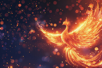 Majestic Fiery Phoenix Rising in a Sparkling Night Sky