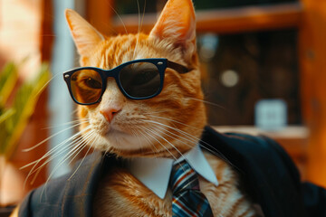 A cat wearing sunglasses and a suit with a tie