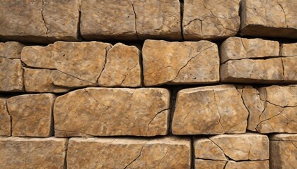 A detailed view of a rustic stone wall featuring large, rough-hewn tan stones, perfect for concepts related to architecture and durability