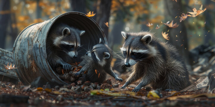 A raccoon is digging through garbage in a trash can