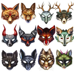 2D asset element of a set of animal masks, each featuring fantastic creatures, isolated on white background