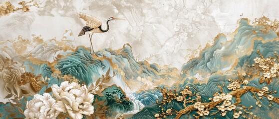 A vintage Chinese peony flower decoration with gold watercolor texture. Abstract art landscape with cranes and hand drawn lines.