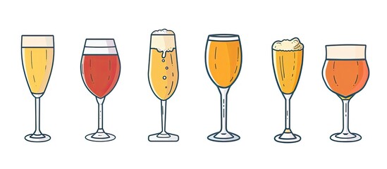 A collection of various types of wine glasses, including stemware, beer glasses, and barware, displayed on a white background. Perfect for serving alcoholic beverages in style