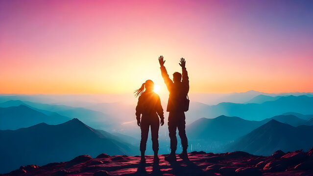 Silhouette of a people with arms raised up in the mountains at sunset, vibrant colors