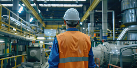 Fototapeta premium Back view of professional engineer manager man in a protective vest and helmet visits a factory