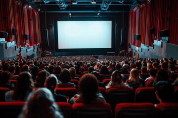 people sitting in a cinema in front of a blank screen, template for advertising