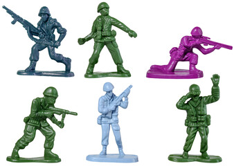 Set traditional multicolored toy soldiers isolated on a transparent background.