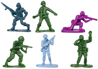 Set traditional multicolored toy soldiers isolated on a transparent background.