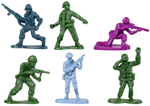 Set traditional multicolored toy soldiers isolated on a transparent background.