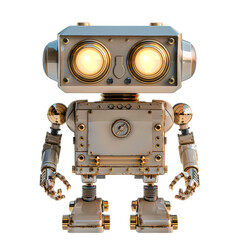 2D asset element of a toy robot, in metallic hues with bright, LEDlike eyes, isolated on white background