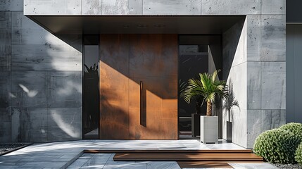 Sleek Front Entry: Grand Doorway of Minimalist Modern Villa
