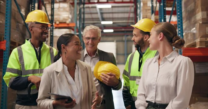 People, warehouse and talking for logistics teamwork in factory for export distribution, supply chain or tablet. Men, women and conversation for courier inventory with ecommerce, packaging or storage