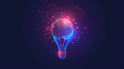 A glowing brain is depicted in a purple, blue and red light. Concept of intelligence and creativity - obrazy, fototapety, plakaty