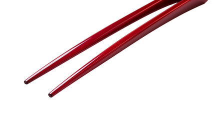 A pair of crimson chopsticks against a white backdrop 