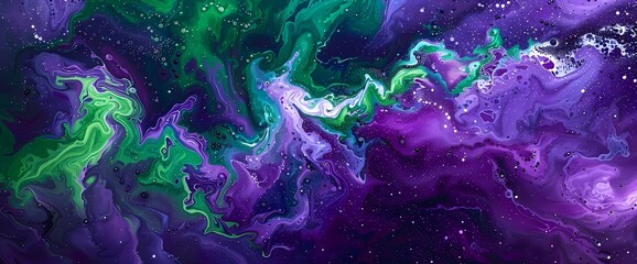 Electric violet and jade green dance in a cosmic ballet of abstract color and vibrancy.