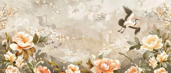 Modern Japanese background with watercolor textures. Hand-drawn peony flower patterns in vintage style. Crane birds element with abstract banner design in oriental theme.