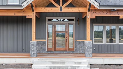 Stylish Grey Farmhouse Front Door: Covered Porch with Wood and Glass Accents