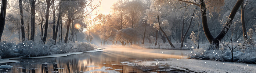 Glistening white optics of a frosty forest, highlighting waters cycle, sunrise ambiance - obrazy, fototapety, plakaty