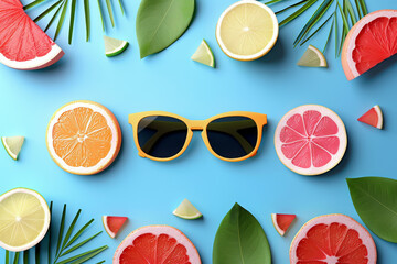 Summer Vibes: Sunglasses and Citrus Fruits on Blue Background