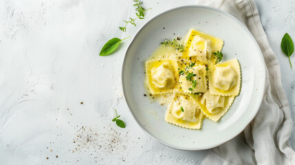 Sun-kissed ravioli on a plate with fresh herbs, a warm and inviting culinary moment captured.
