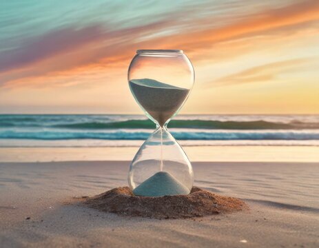An hourglass in the foreground with sand slipping through its narrow center, set against a backdrop of a serene beach sunset, symbolizing the passing of time alongside natural beauty