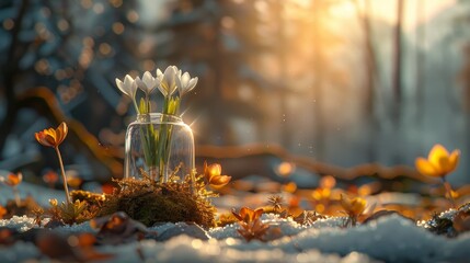   A snow-covered ground hosts a vase brimming with flowers, framed by towering trees - obrazy, fototapety, plakaty