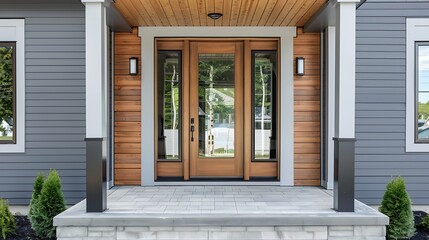 Contemporary Farmhouse Entry: Grey Front Door with Covered Porch and Wood Details