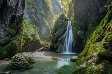 Naklejka na ściany i meble A beautiful waterfall surrounded by green moss