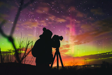 person, capturing the incredible aurora borealis and australis, with silhouette of person visible - obrazy, fototapety, plakaty
