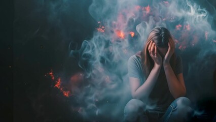 Young blonde teenage girl with head in hands and smoke around - family and personal problems, confusion, stress, anxiety and mental health issues. Animation on dark background.