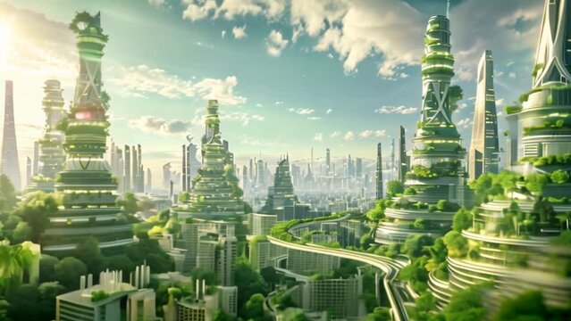 Futuristic city full of greenery with modern buildings, roads and renewable energy for a sustainable world with green technology - sci-fi cityscape animation
