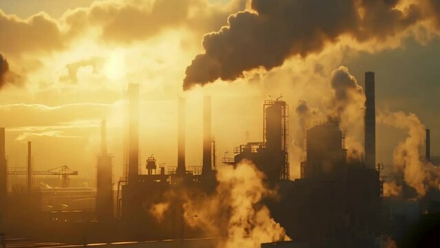 animation of silhouettes of polluting factories, power plants and industrial buildings emitting dense smoke from their chimneys, at sunset with golden light