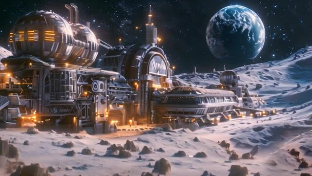 Complex architecture of a futuristic human base on the moon - lunar colonization with planet Earth in the background in space. Cinematographic animation of a sci-fi setting 