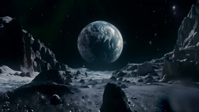 Animation of the planet Earth in the dark space seen from the surface of its satellite, the moon, with rocky formations and stones.