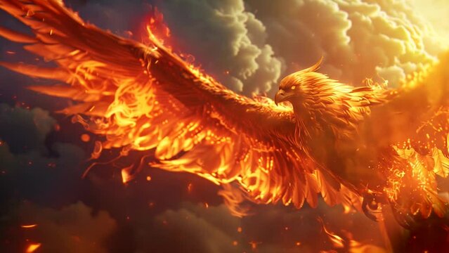 Phoenix rising from its ashes, with the body of an eagle engulfed in flames and wings of fire against a sky with clouds - Animation of an spectacular mythical fantasy creature