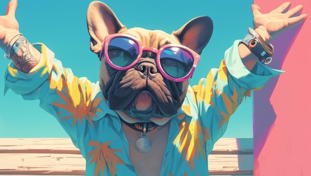 A cute Frenchie dog dressed in colorful and wearing sunglasses