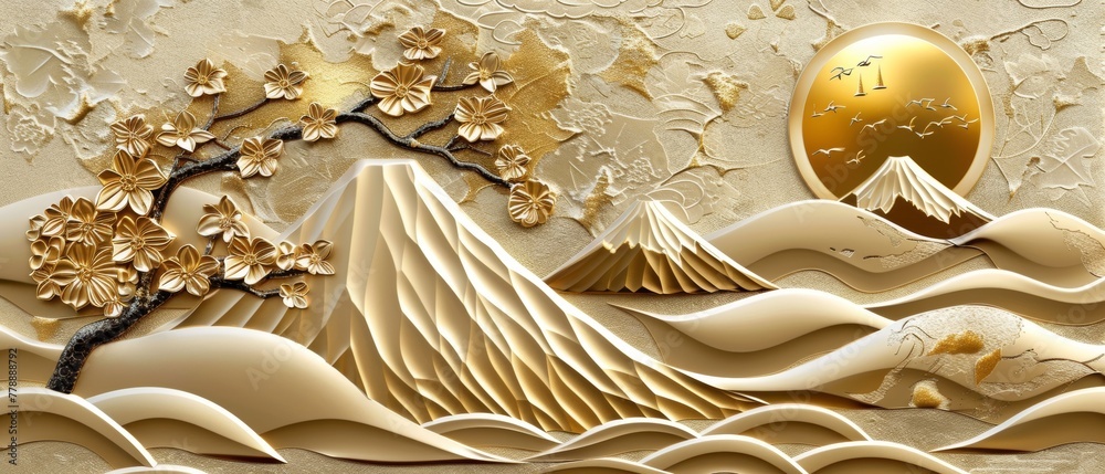 Poster Japanese background modern. Gold Fuji mountain texture. Sun, leaves, flowers, wave elements.