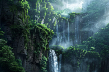 A beautiful waterfall surrounded by green moss