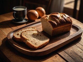 Premium image of delicious bread on a wooden patterned table 47 - obrazy, fototapety, plakaty