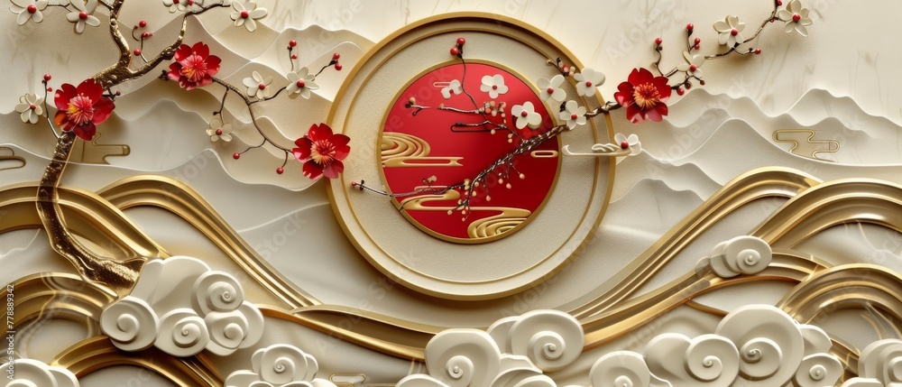 Sticker A Japanese icon modern with cherry blossoms, bushes, clouds, flowers, bamboos, waves in red and gold for the New Year celebration.