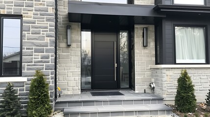 Naklejka premium Sleek Black Fiberglass Front Door: Modern Single Entry with Side Window Panel
