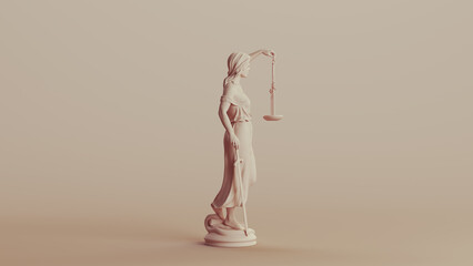 Lady justice judicial system classic statue woman soft tones beige brown background right view 3d illustration render digital rendering