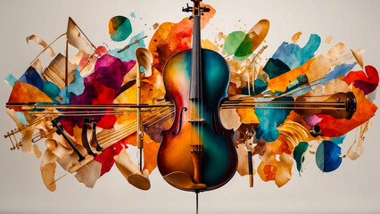 Colorful collage of musical instruments, notes and colors
