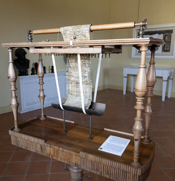 Portici (Naples), Italy - 06  April, 2024. Herculanense Museum. Father Antonio Piaggio's machine  for unrolling the carbonized Herculaneum papyri